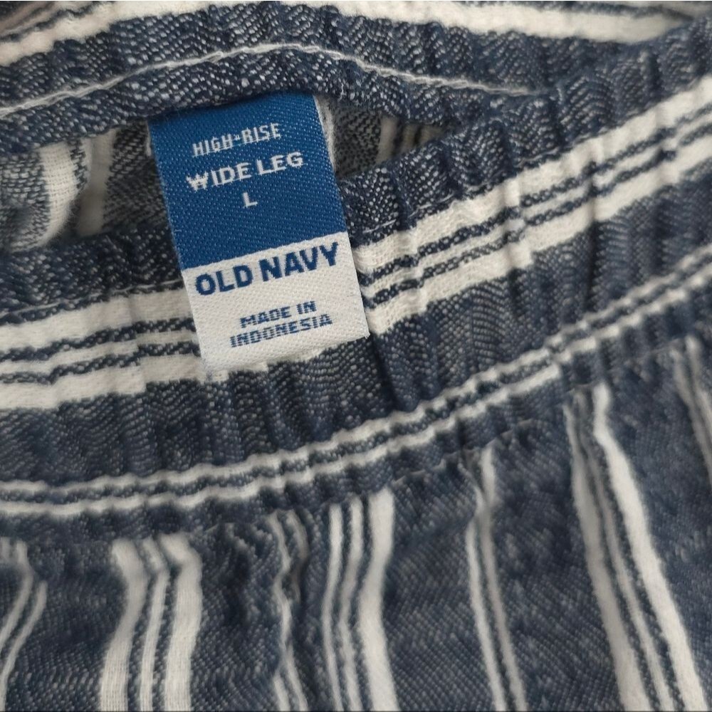 Old Navy Linen Cotton Wide Leg Pants Striped Pull-On Pockets Blue White Large - Picture 9 of 14